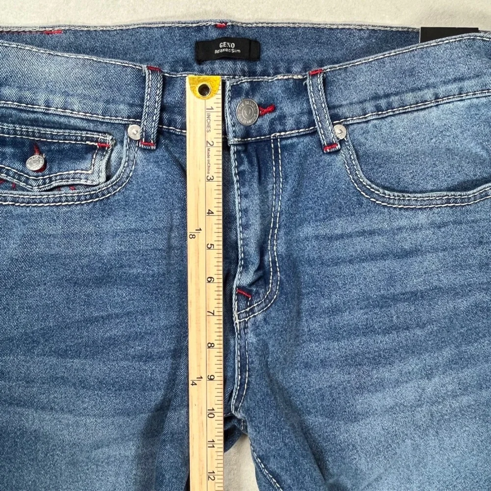 New True Religion Geno Big T Flap Jeans Men 33 Blue Relaxed Slim Red Stitch NWT